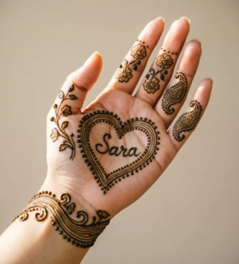 Back hand mehndi design with name